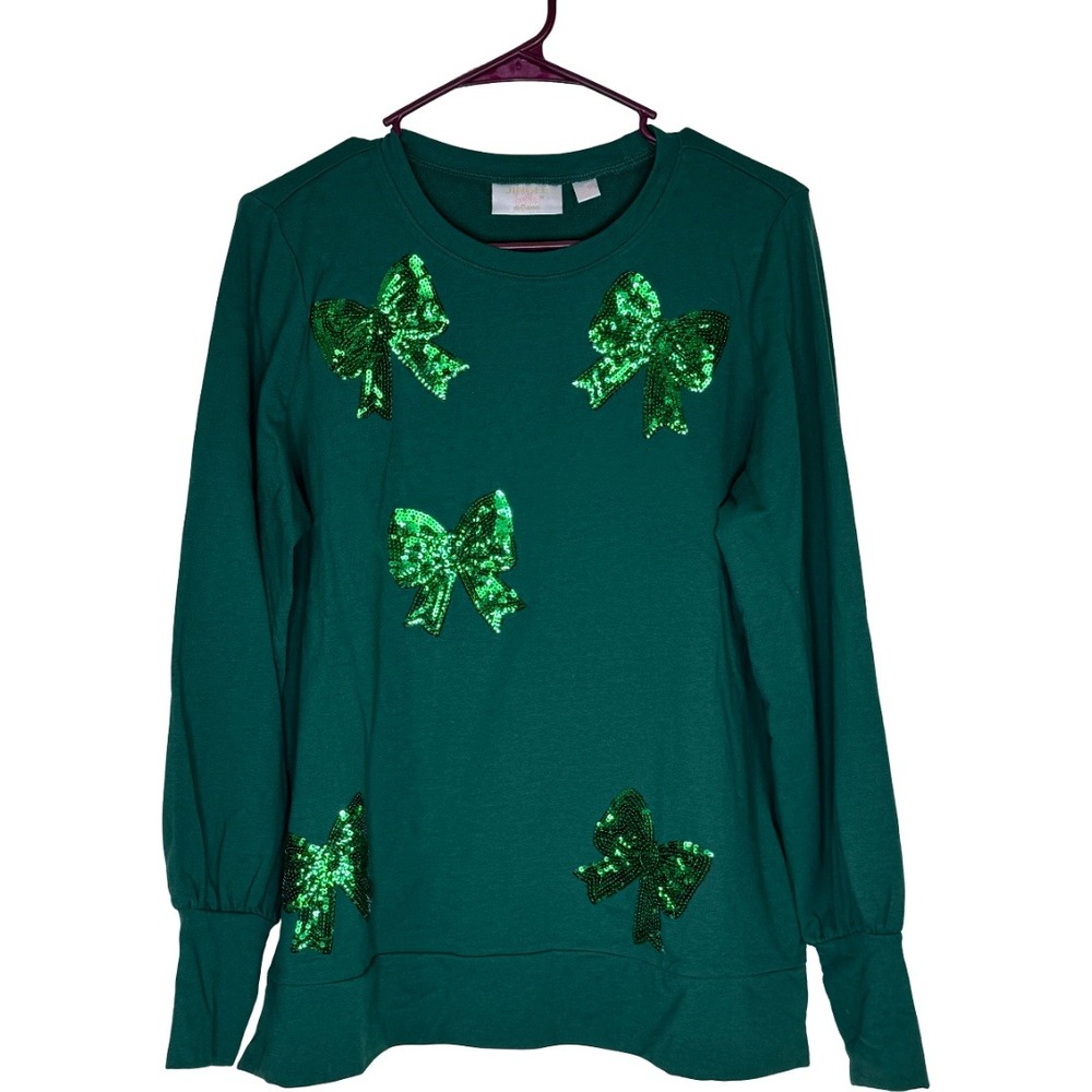 Jingle Belles Kim Gravel Sequin‎ Bow Knit Top Womens Small Alpine Green A708239